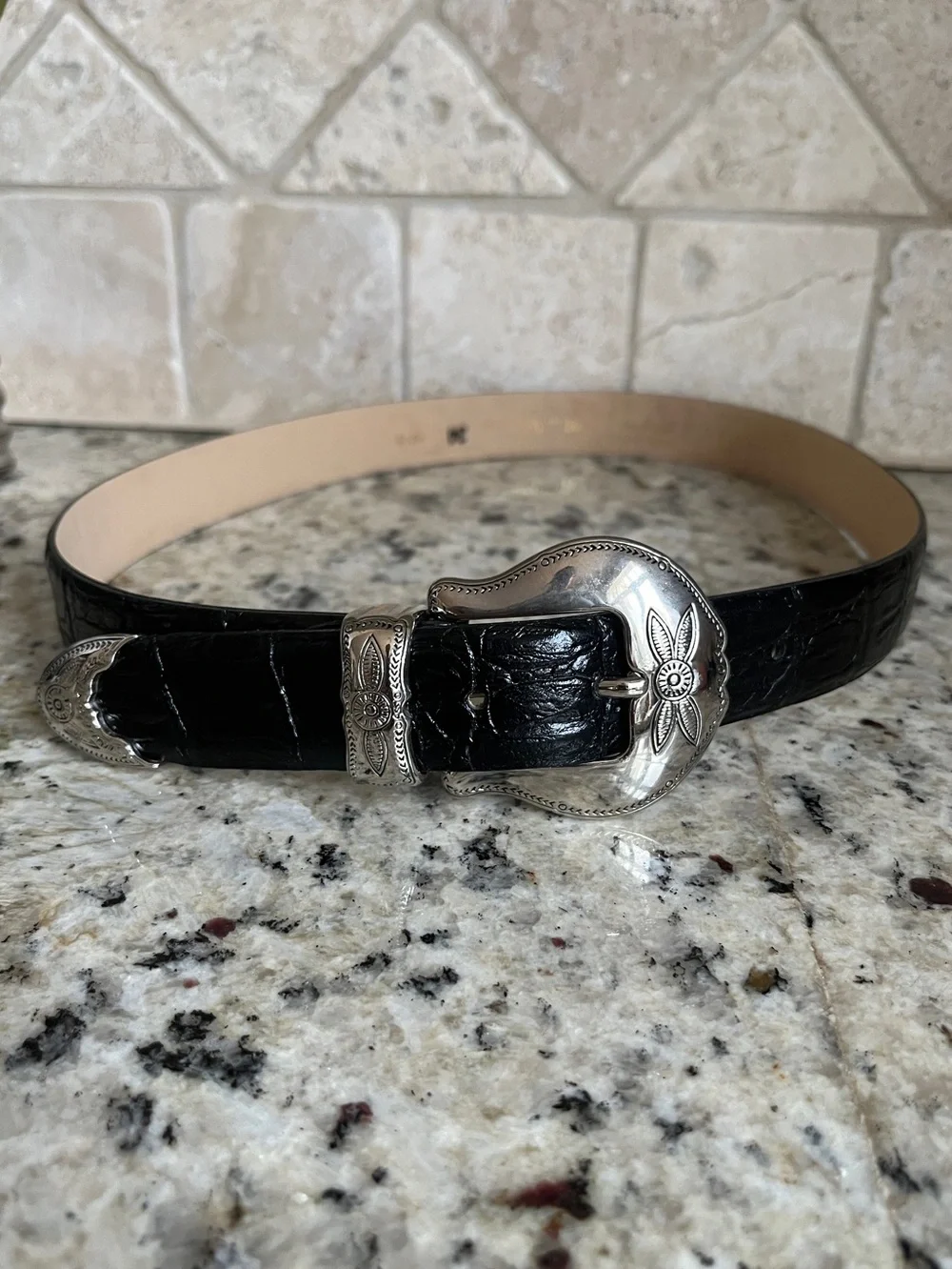 VTG Valentino Black Leather Large Silver Buckle Belt 34